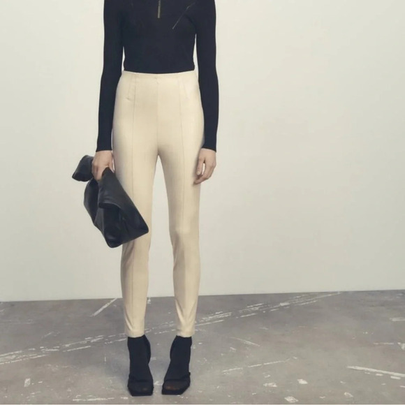 ZARA NWT Hi Rise Legging Faux Leather SMALL Side Zip Elastic Waist Pull On Camel - Picture 1 of 13